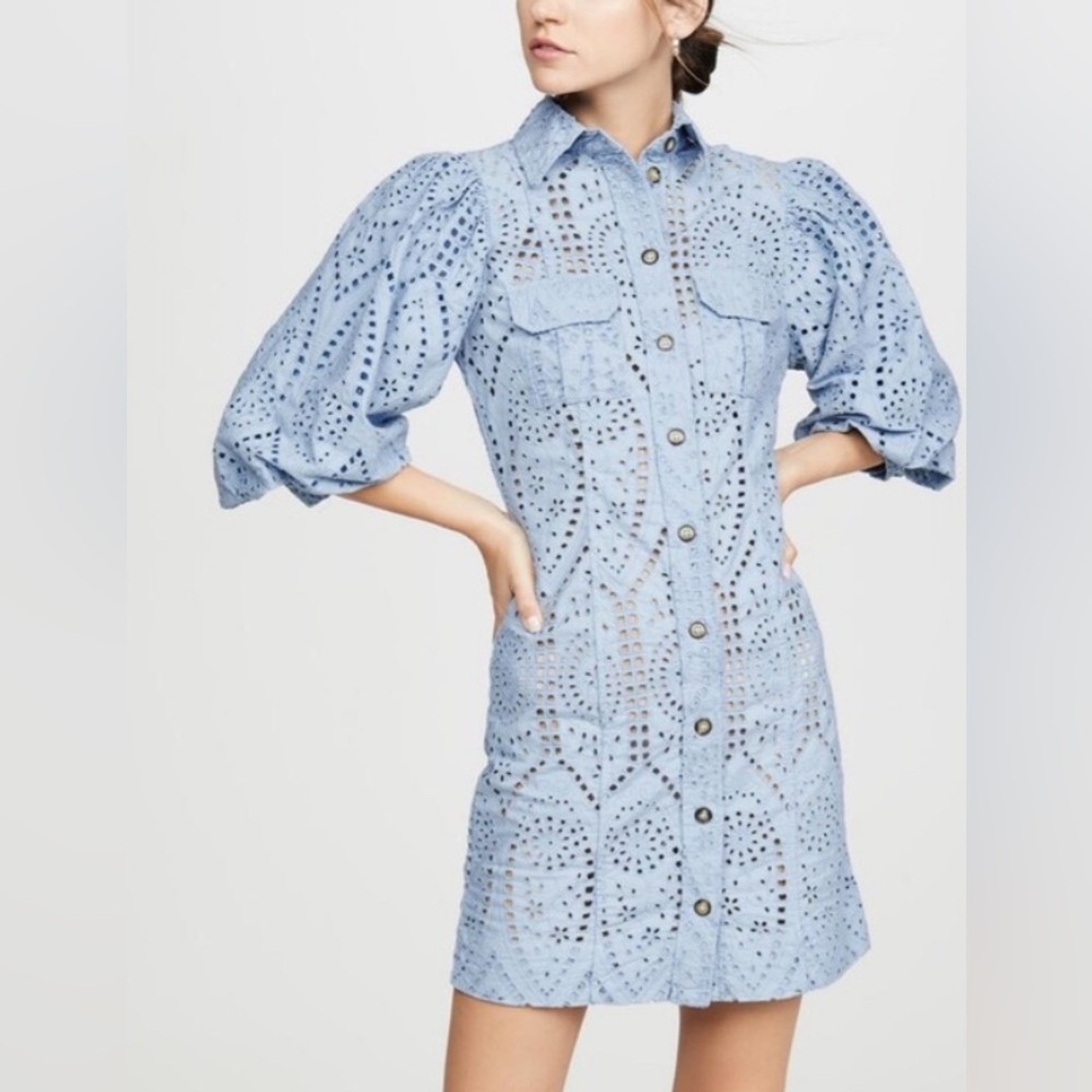 Ganni Blue Buttoned Ruffled Eyelet Dress
